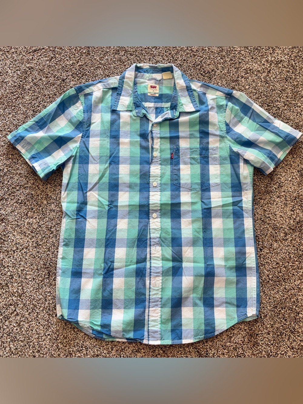 Short Sleeve Button Levi's Mens Medium Plaid Button Up Shirt Blue Green Casual